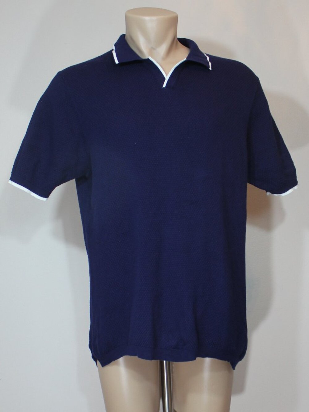 Patrick Assaraf knitwear short casual  sleeve white trim blue sweater size XL